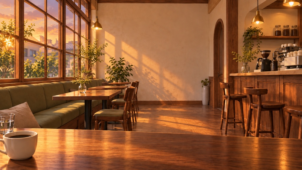 【背景素材4枚】CAFE HOURS|朝・夕方・夜・雨のカフェ|配信・動画向け
