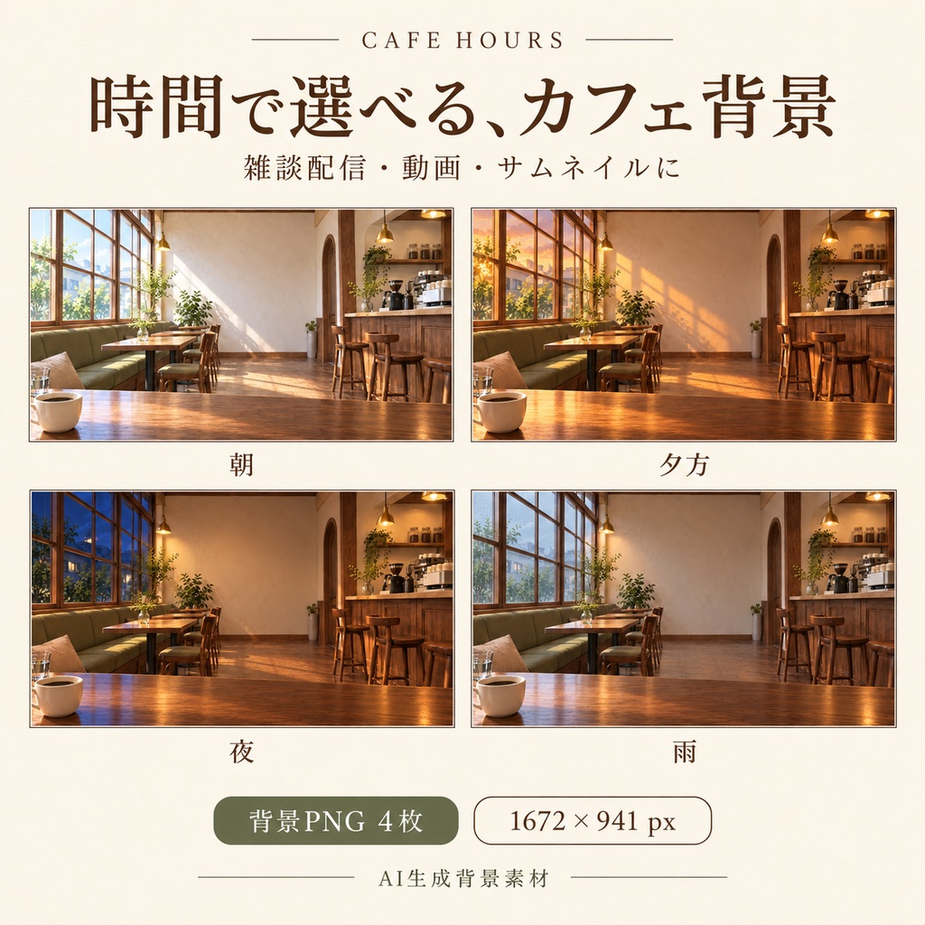 【背景素材4枚】CAFE HOURS｜朝・夕方・夜・雨のカフェ｜配信・動画向け