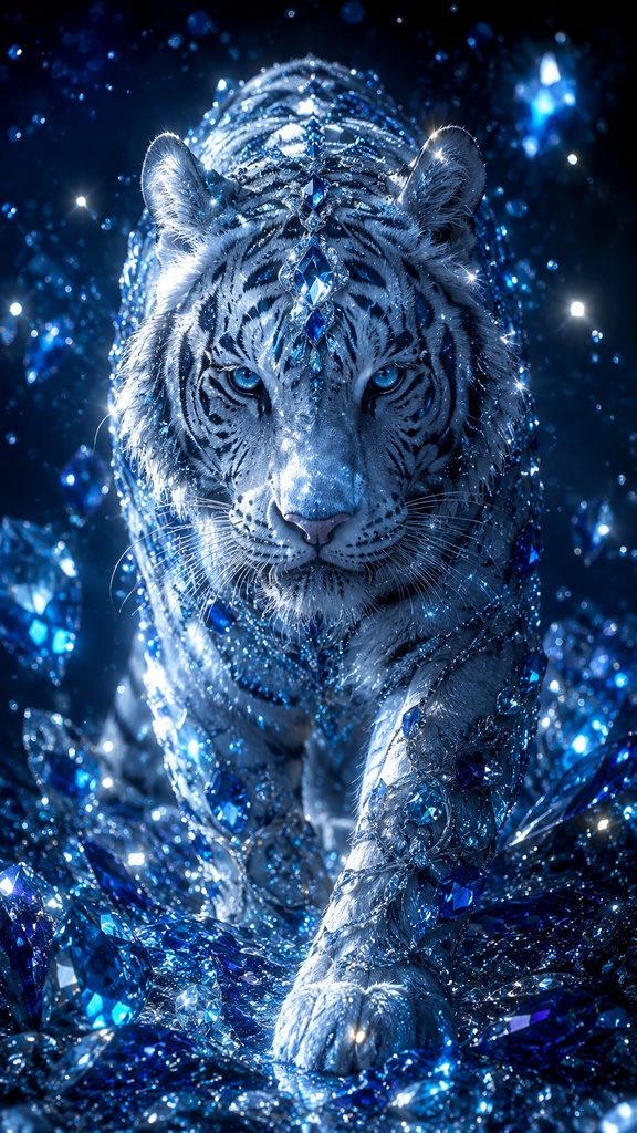 💎 Gemstone White Tiger  Sapphire × Aquamarine × Diamond Reflection  神秘的な輝きをまとった宝石の白虎。