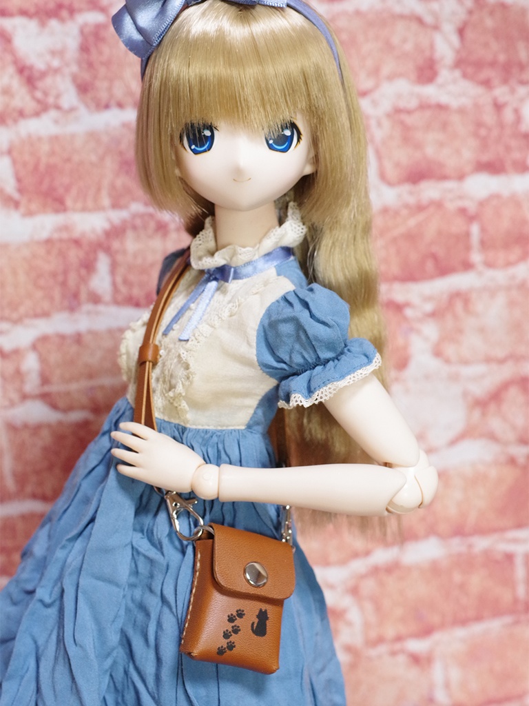 猫柄・革のショルダーポーチ(ブラウン) 1/3ドール用品
