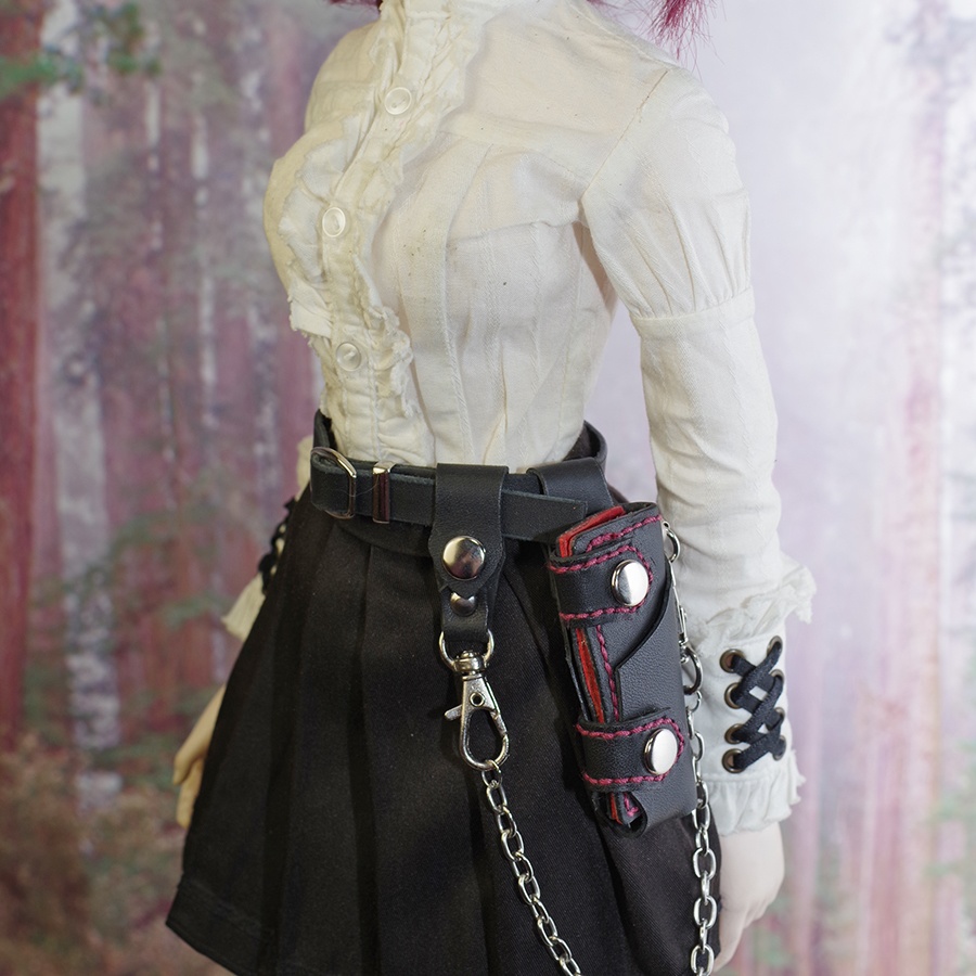 【アウトレット品】レザーロングウォレット+ホルダー（ブラック×レッド） 1/3ドール用品