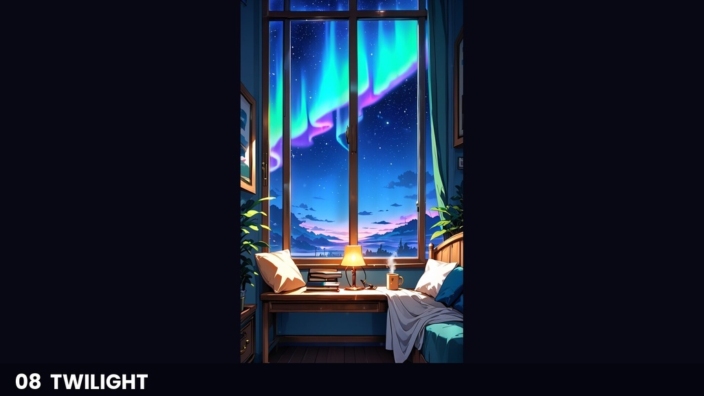 【横4室+縦4室/動画40本】動くイラスト背景 AURORA ROOM オーロラの見える部屋|シームレスループ・商用OK
