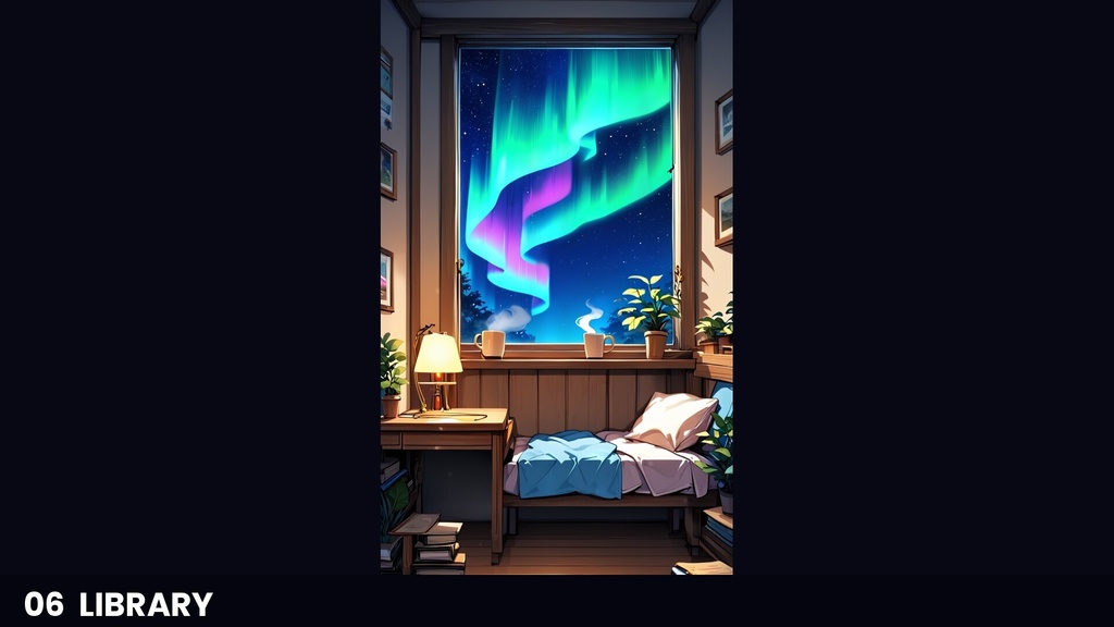 【横4室+縦4室/動画40本】動くイラスト背景 AURORA ROOM オーロラの見える部屋|シームレスループ・商用OK