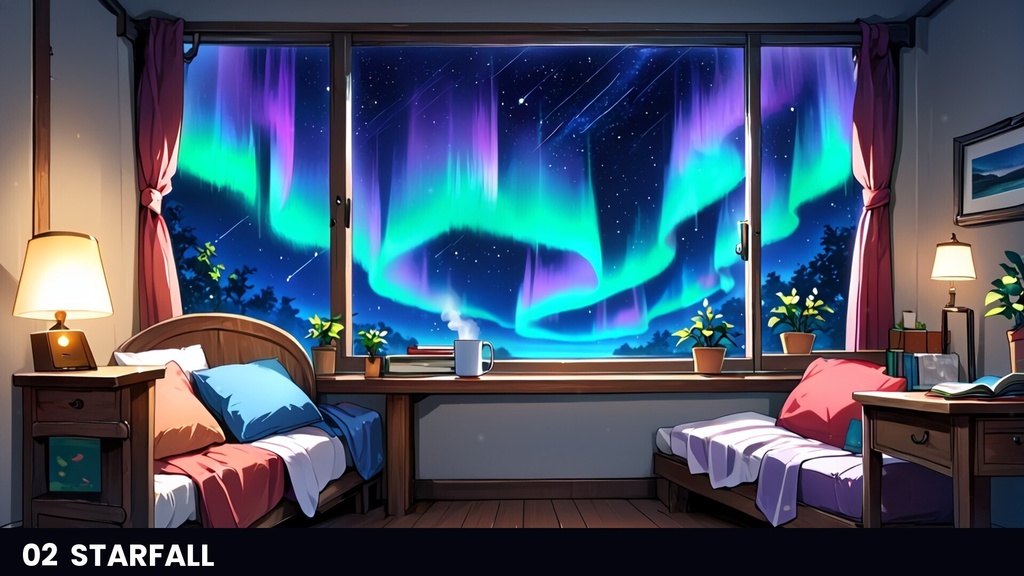 【横4室+縦4室/動画40本】動くイラスト背景 AURORA ROOM オーロラの見える部屋|シームレスループ・商用OK