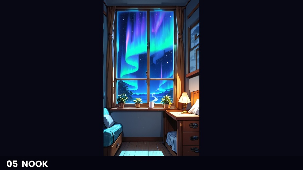 【横4室+縦4室/動画40本】動くイラスト背景 AURORA ROOM オーロラの見える部屋|シームレスループ・商用OK