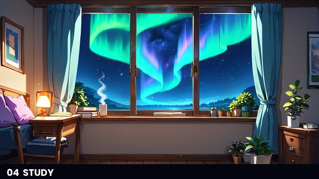 【横4室+縦4室/動画40本】動くイラスト背景 AURORA ROOM オーロラの見える部屋|シームレスループ・商用OK