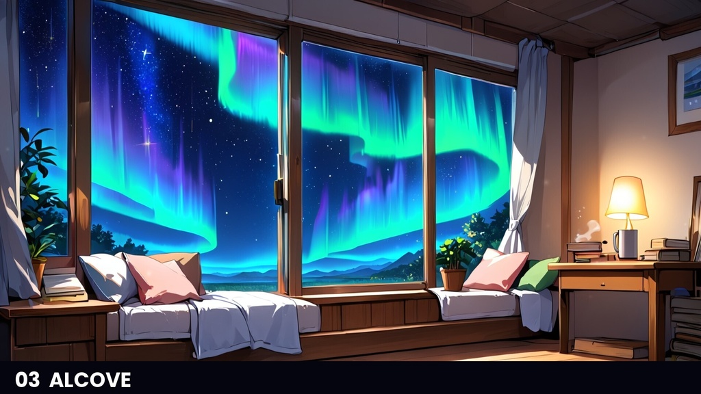 【横4室+縦4室/動画40本】動くイラスト背景 AURORA ROOM オーロラの見える部屋|シームレスループ・商用OK