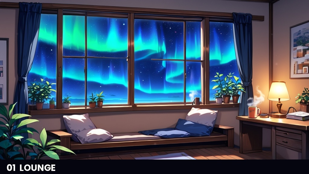 【横4室+縦4室/動画40本】動くイラスト背景 AURORA ROOM オーロラの見える部屋|シームレスループ・商用OK