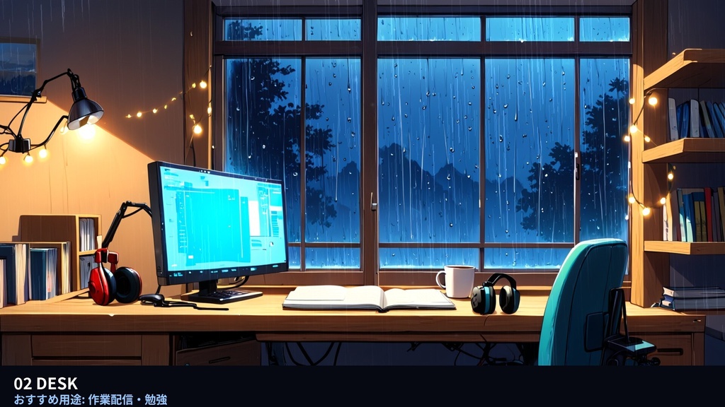 【作業配信・雑談・夜活】雨の夜の部屋 RAIN NIGHT ROOM|待機画面+終了画面+オーバーレイ枠の配信画面フルセット(6室・動画36本・4K60サンプル付)