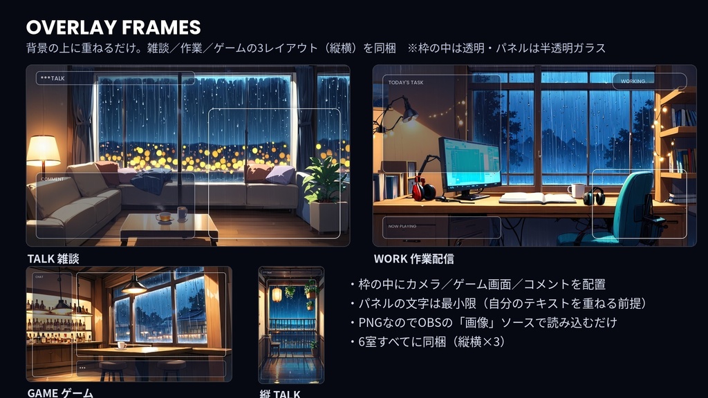 【作業配信・雑談・夜活】雨の夜の部屋 RAIN NIGHT ROOM|待機画面+終了画面+オーバーレイ枠の配信画面フルセット(6室・動画36本・4K60サンプル付)