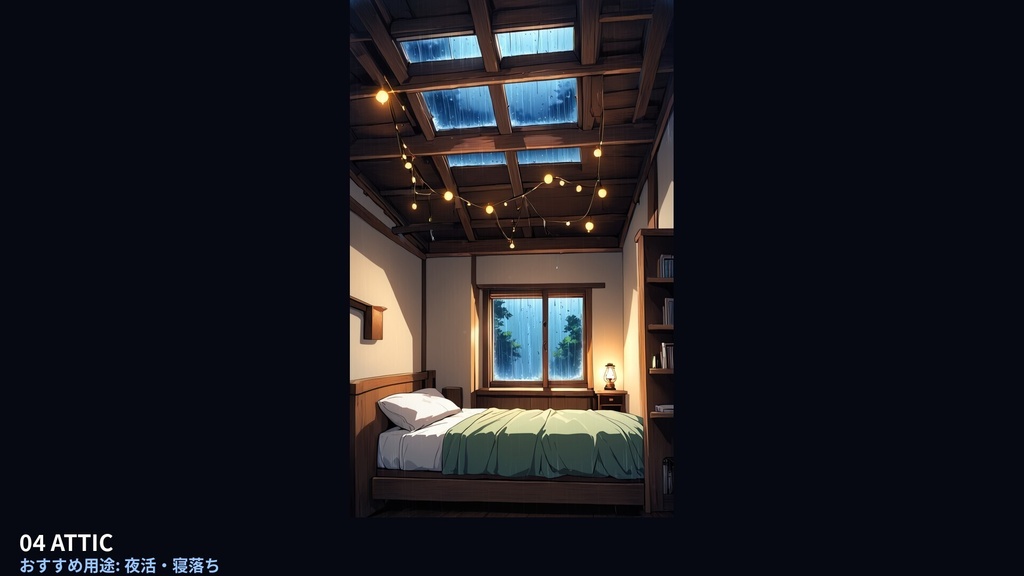 【作業配信・雑談・夜活】雨の夜の部屋 RAIN NIGHT ROOM|待機画面+終了画面+オーバーレイ枠の配信画面フルセット(6室・動画36本・4K60サンプル付)