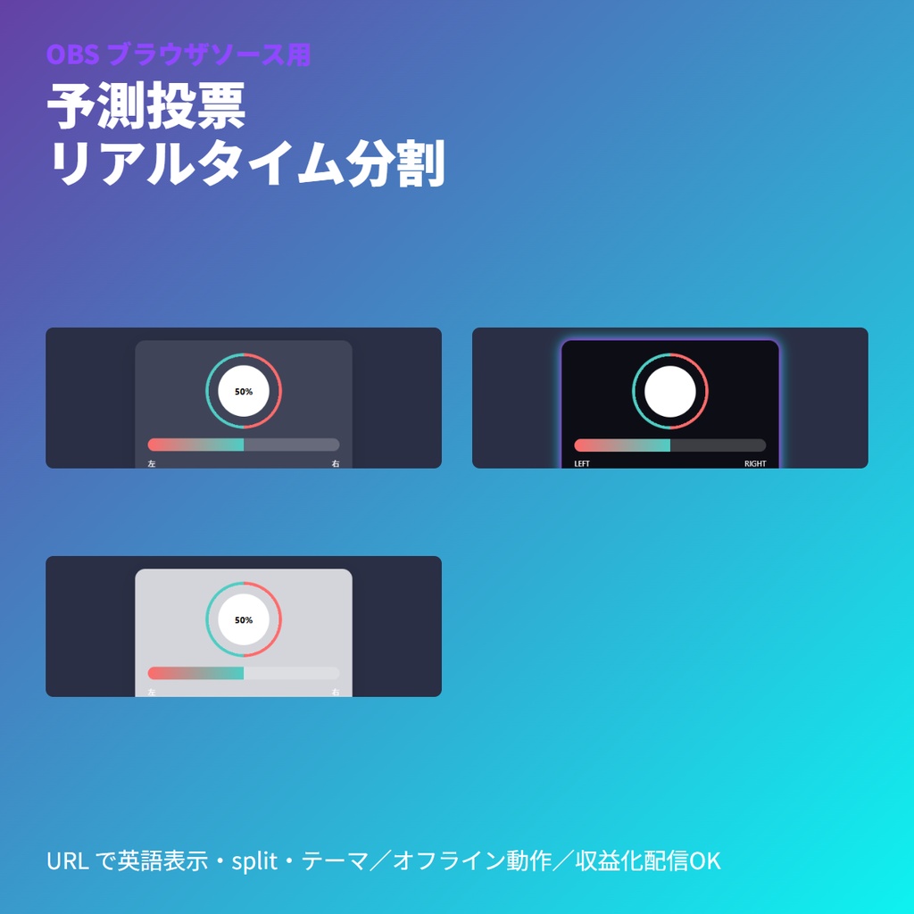 Twitch予測投票リアルタイム分割表示｜円環＆バー同期アニメ｜OBSブラウザソース