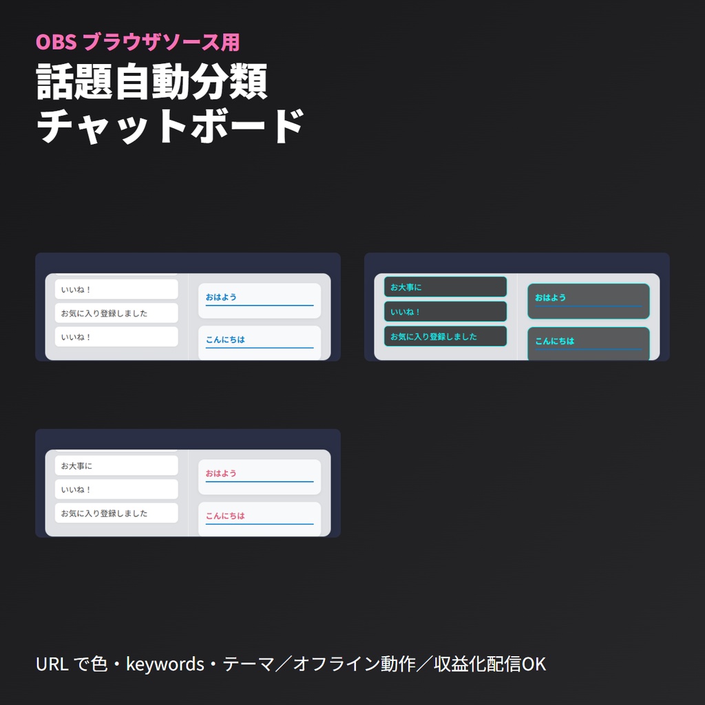 チャット話題自動カテゴリ分けボード｜OBSブラウザソース｜キーワード分類・分割表示UI