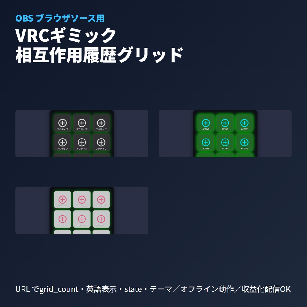 VRCギミック相互作用履歴グリッド｜探索配信演出OBS素材