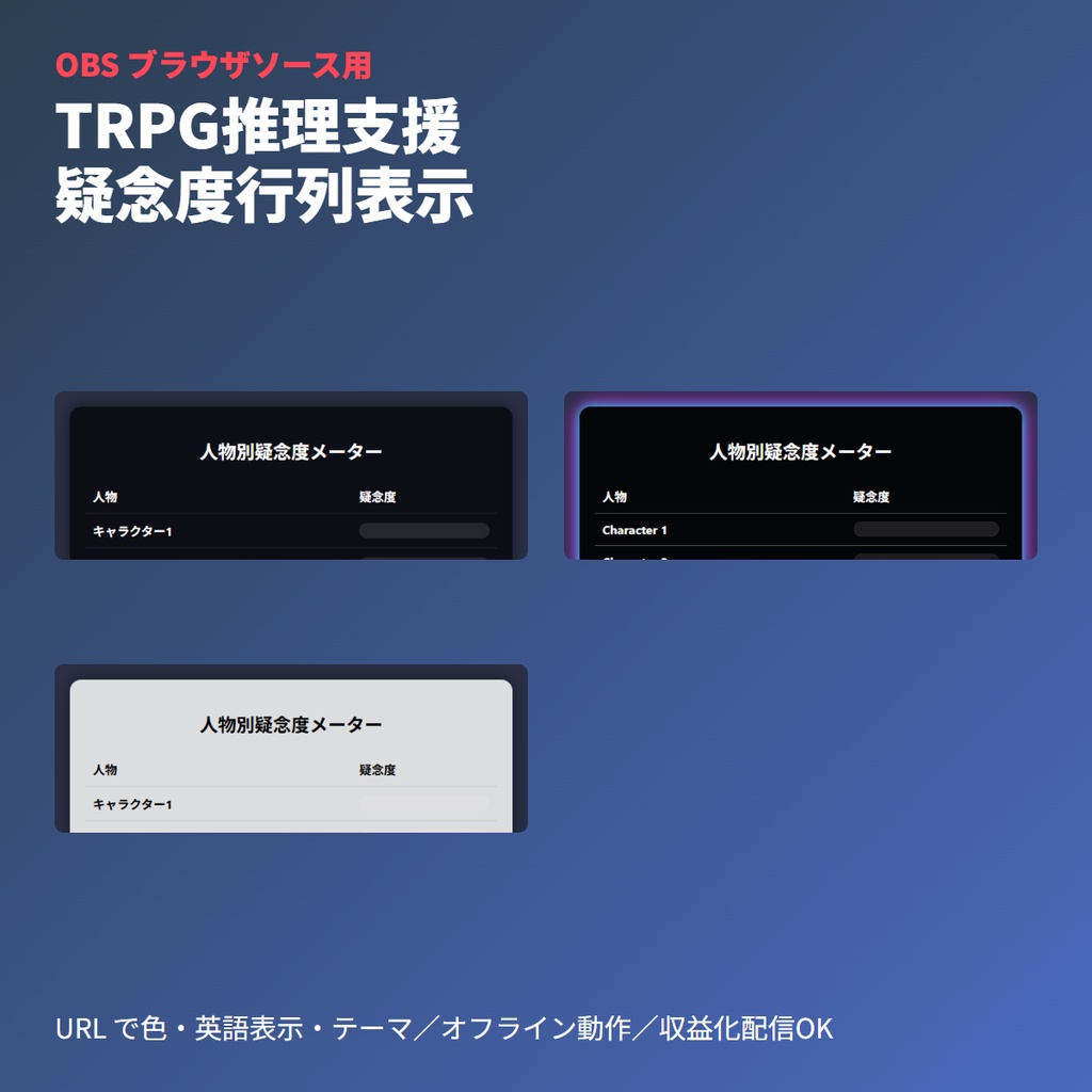 TRPG用 人物別疑念度メーター＆推理マトリクス | OBSブラウザソース・GMツール