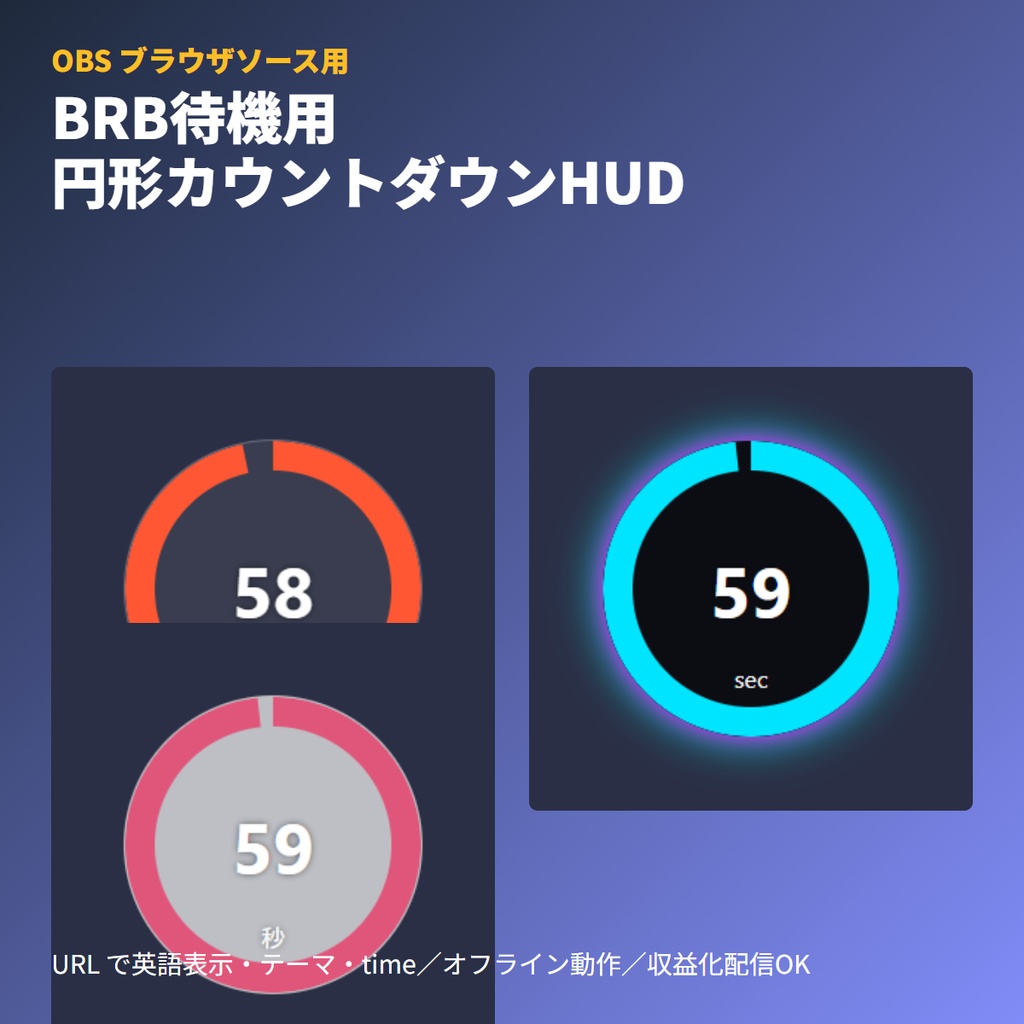 BRB待機カウントダウン｜円形HUDタイマーOBS素材