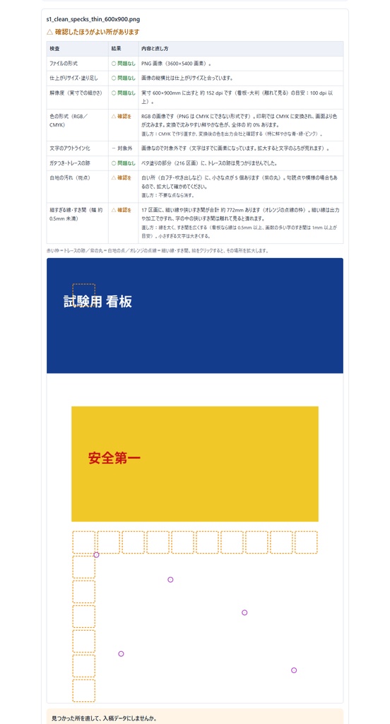 看板・大判の入稿前チェッカー(オフライン版)|解像度・RGB/CMYK・アウトライン化・塗り足し・ガタつき(トレース跡)を一括チェック・CSV出力