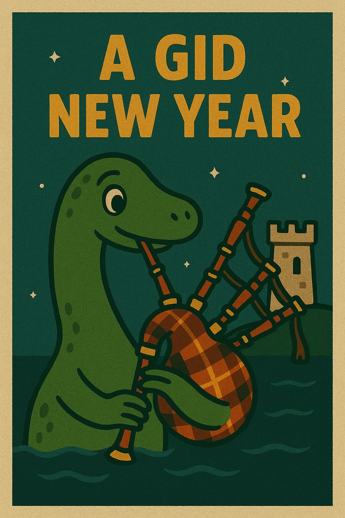 スコットランドのネッシーとバグパイプの新年ポスター｜A3デジタルアート