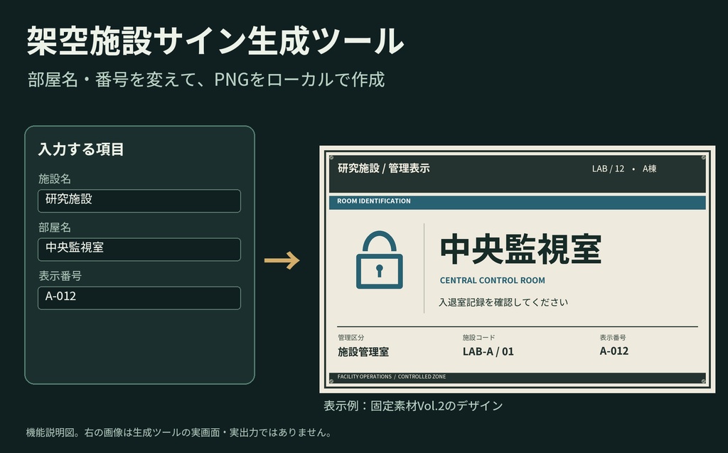 架空施設サイン生成ツール｜部屋名・番号を変更／オフラインPNG出力