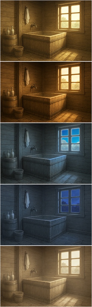 背景素材「田舎村の家風呂」時間帯差分5点込み