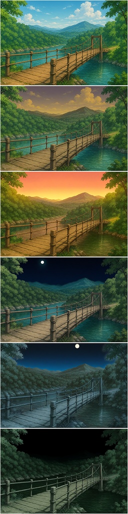 背景素材「川の吊り橋」時間帯差分6点込み