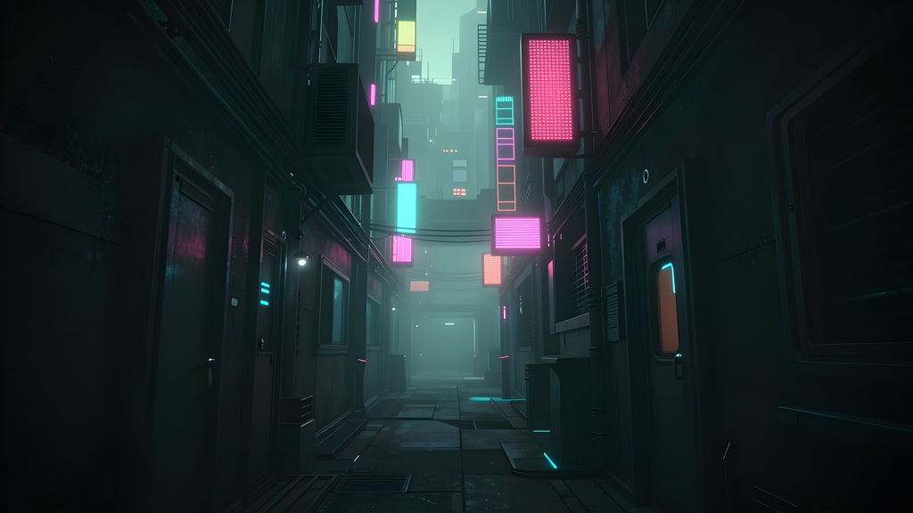 【無料・背景5枚】サイバーパンク都市|ネオン路地裏/企業タワー/自販機通り/スラム|商用可 SF004サンプル