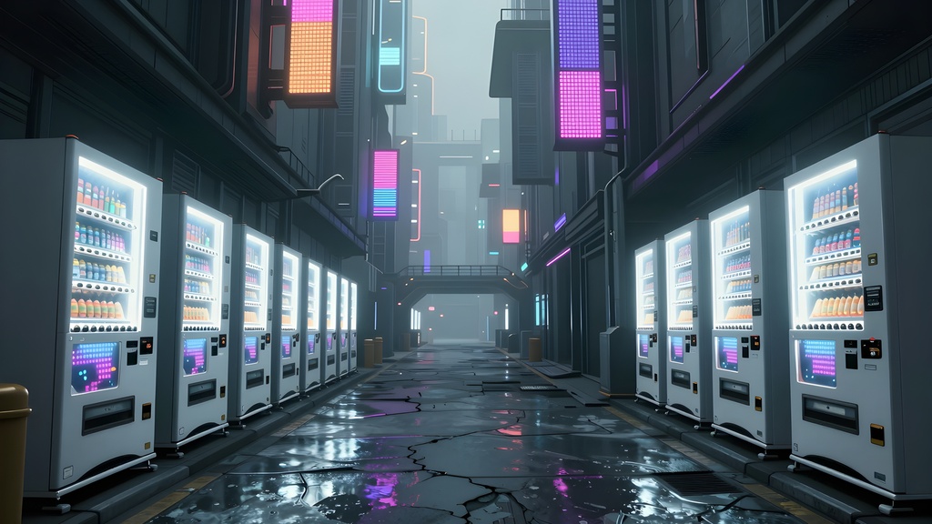 【無料・背景5枚】サイバーパンク都市|ネオン路地裏/企業タワー/自販機通り/スラム|商用可 SF004サンプル