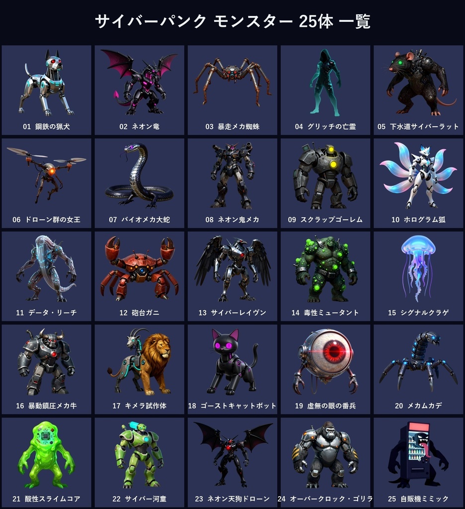 【透過PNG25体】サイバーパンク・モンスター|メカ獣/ネオン竜/ドローン/ゴーレム|TRPGエネミー|商用可 SF007