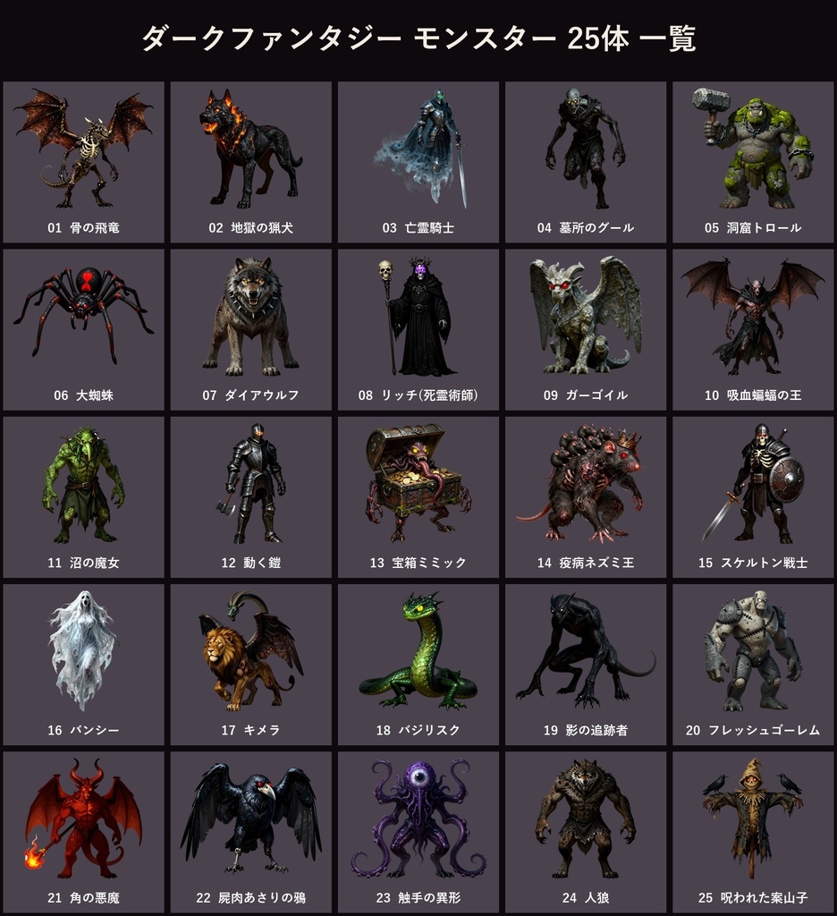 【透過PNG25体】ダークファンタジー・モンスター|飛竜/リッチ/人狼/ミミック/悪魔|TRPGエネミー|商用可 SF008