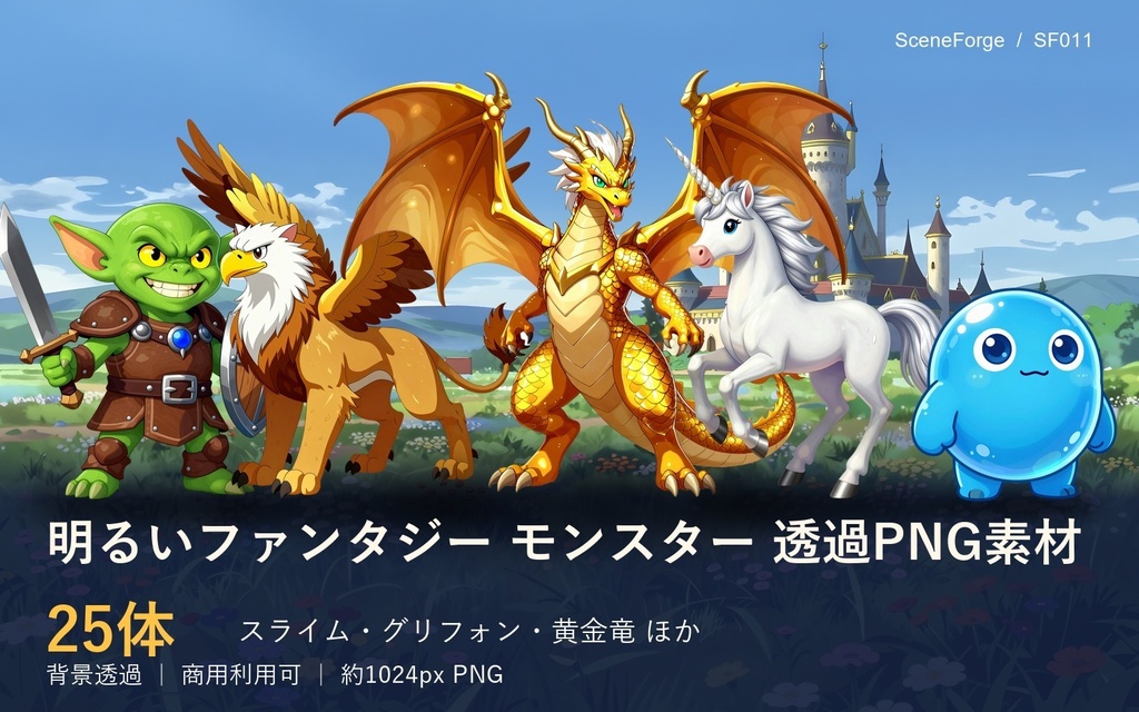 【透過PNG25体】ファンタジー・モンスター素材｜スライム・グリフォン・ドラゴン・ゴブリン・ミミック｜TRPGエネミー｜商用可 SF011