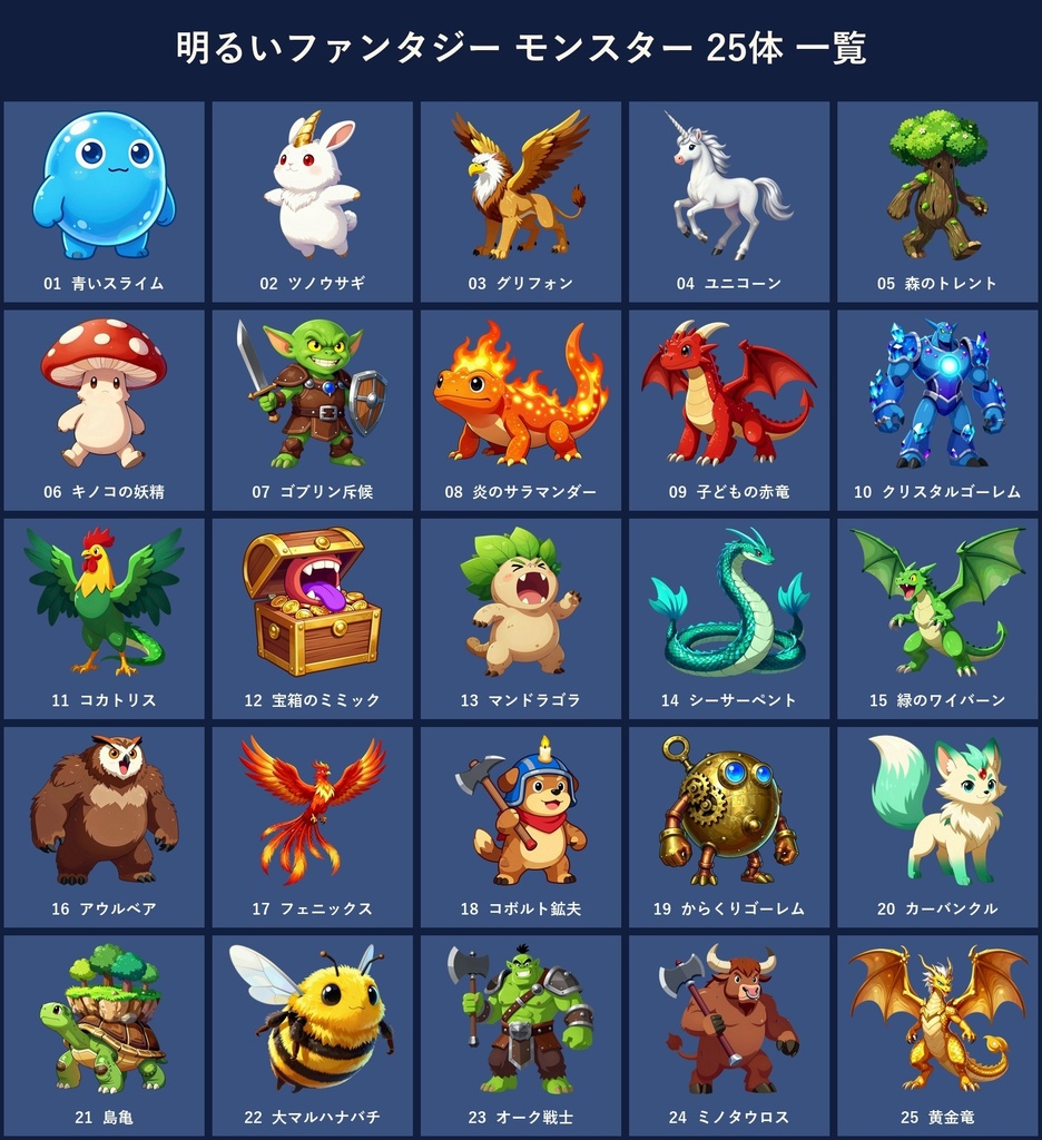 【透過PNG25体】ファンタジー・モンスター素材|スライム・グリフォン・ドラゴン・ゴブリン・ミミック|TRPGエネミー|商用可 SF011
