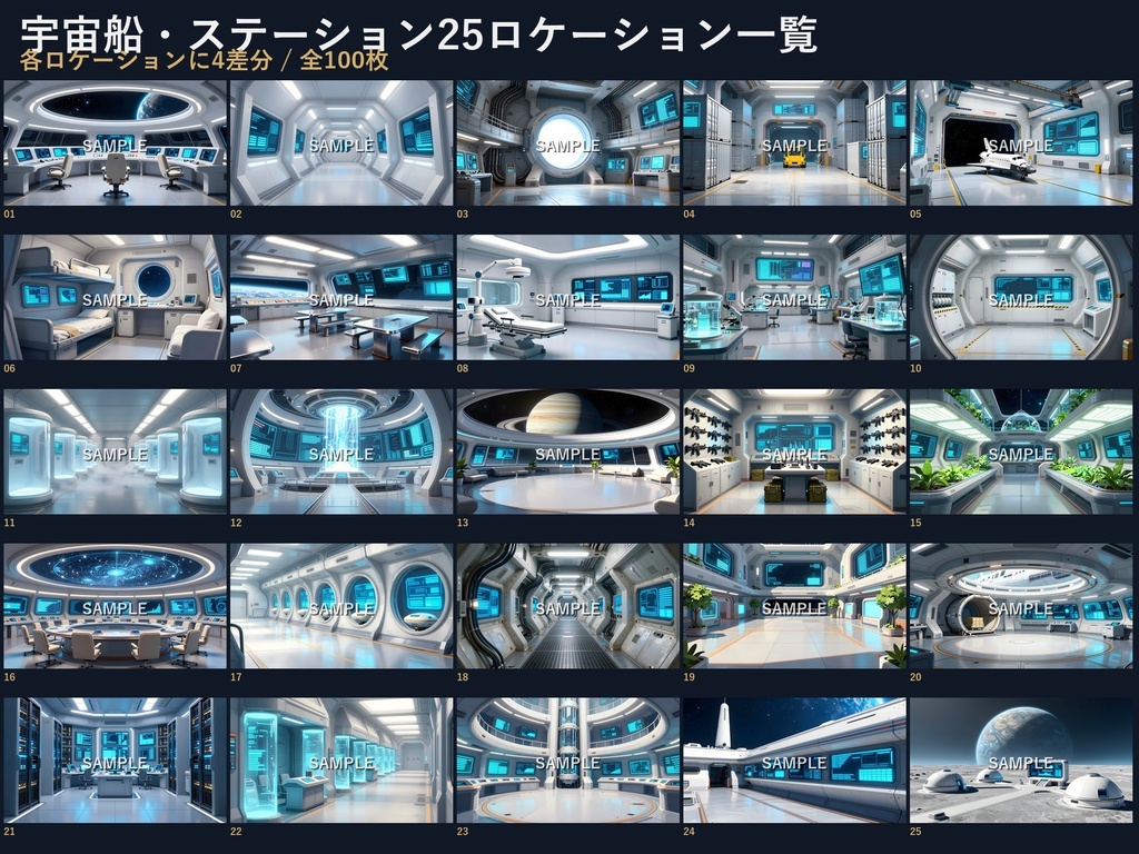 【背景100枚】SF宇宙船・宇宙ステーション背景|艦橋・通路・格納庫・冷凍睡眠室・月面基地|通常・非常警報・損傷・廃船|商用可 SF012