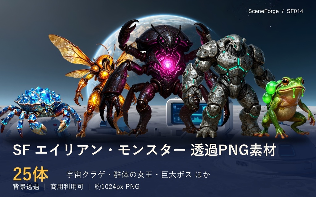 【透過PNG25体】SFエイリアン・モンスター素材｜宇宙クラゲ・結晶ガニ・昆虫の女王・巨大ボス｜TRPGエネミー｜商用可 SF014