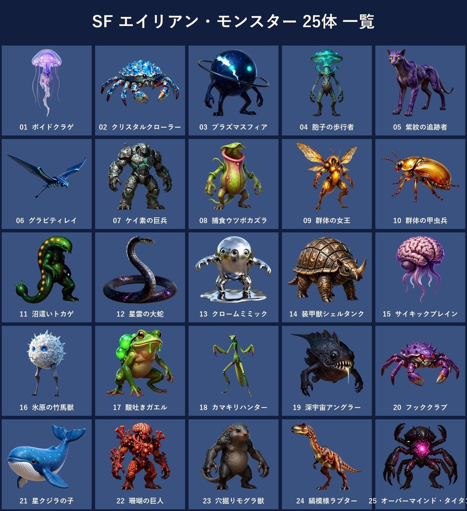 【無料・透過PNG5体】SFエイリアン・モンスター素材サンプル|宇宙クラゲ・結晶ガニ・星クジラ|商用可 SF014サンプル