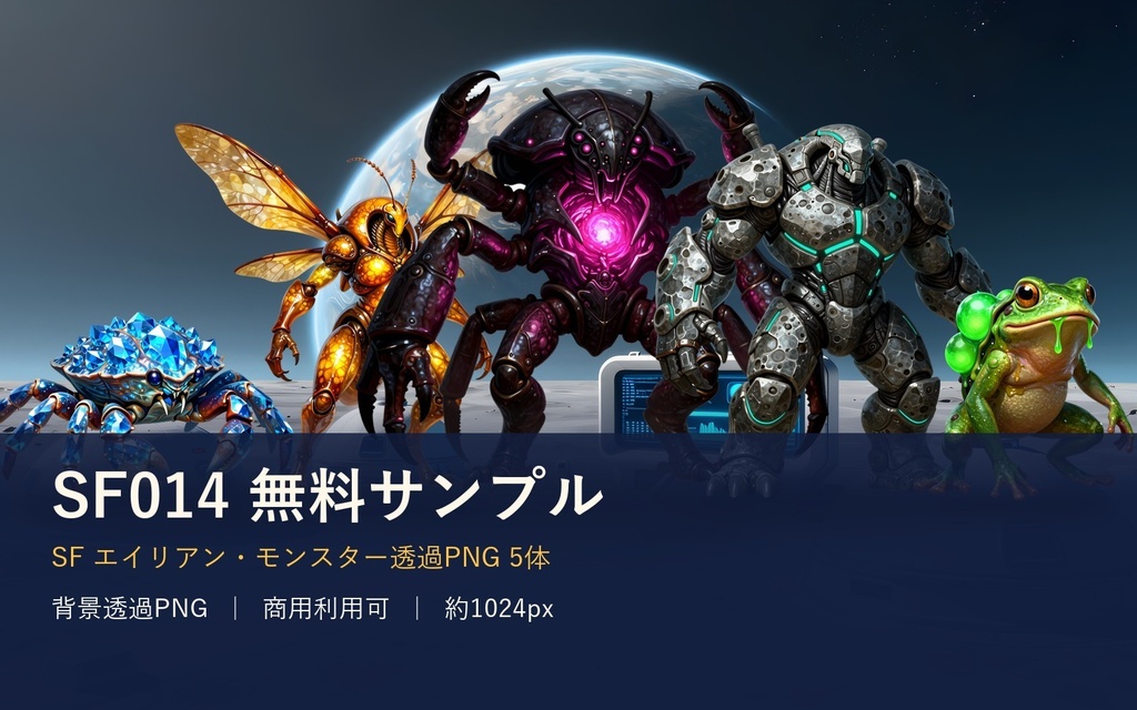 【無料・透過PNG5体】SFエイリアン・モンスター素材サンプル｜宇宙クラゲ・結晶ガニ・星クジラ｜商用可 SF014サンプル