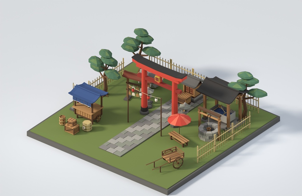 【3D素材33点】和風ローポリ小物セット|鳥居・石灯籠・提灯・屋台・畳|FBX/GLB/OBJ|ゲーム制作・商用可 SF015
