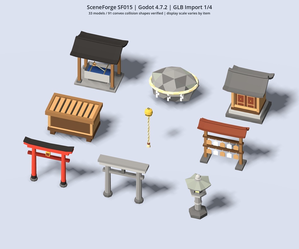 【3D素材33点】和風ローポリ小物セット|鳥居・石灯籠・提灯・屋台・畳|FBX/GLB/OBJ|ゲーム制作・商用可 SF015