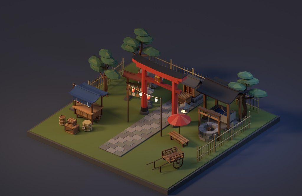 【3D素材33点】和風ローポリ小物セット|鳥居・石灯籠・提灯・屋台・畳|FBX/GLB/OBJ|ゲーム制作・商用可 SF015