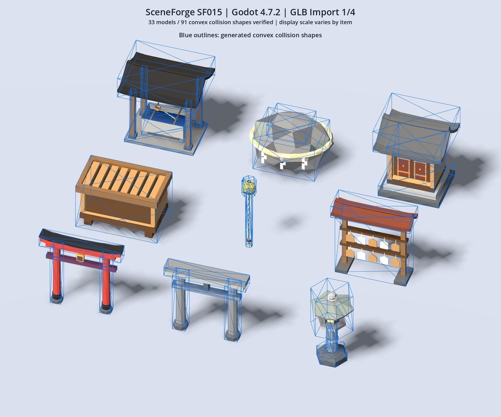 【3D素材33点】和風ローポリ小物セット|鳥居・石灯籠・提灯・屋台・畳|FBX/GLB/OBJ|ゲーム制作・商用可 SF015