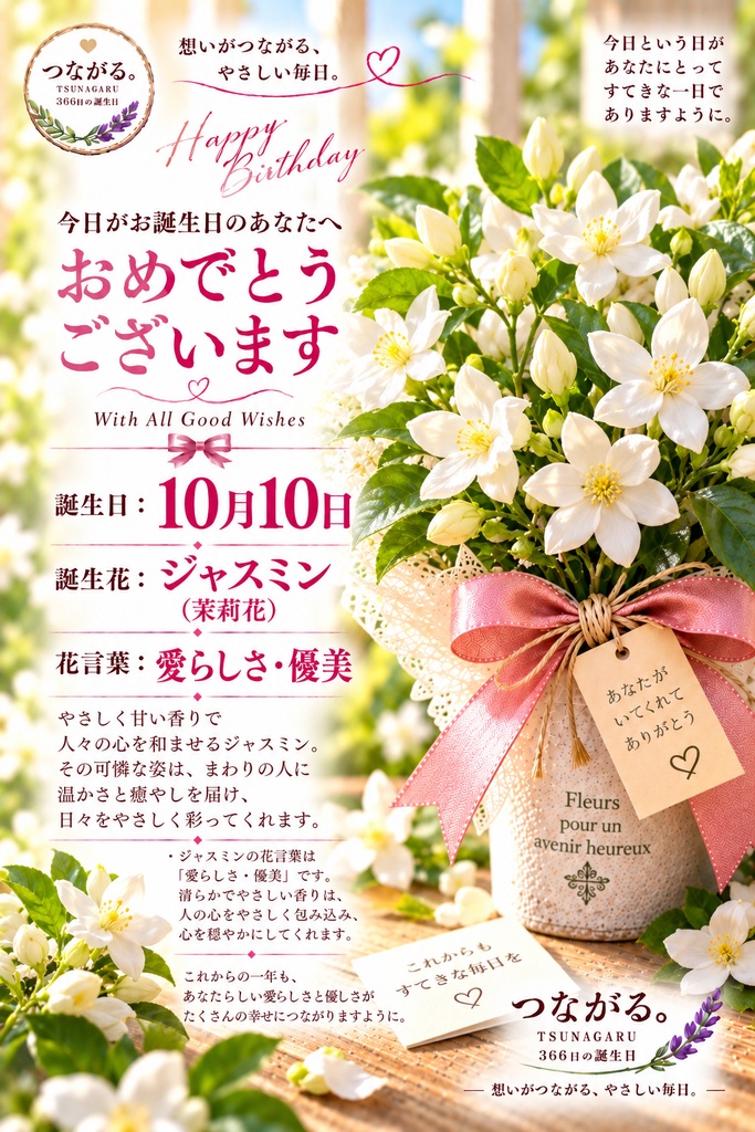 【10月10日】誕生花バースデーカード|ジャスミン(茉莉花)《 愛らしさ・優美 》|つながる。366日の誕生日