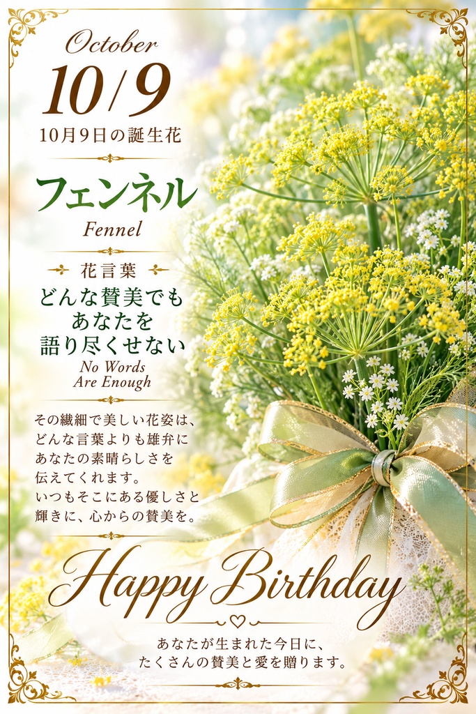 【10月9日】誕生花プレミアムギフトセット｜フェンネル《どんな賛美でもあなたを語り尽くせない》｜花と言葉を贈る特別なバースデーギフト｜つながる。
