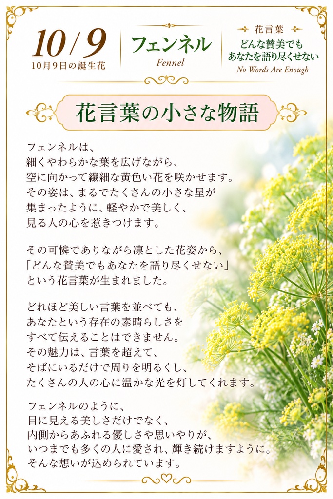 【10月9日】誕生花プレミアムギフトセット|フェンネル《どんな賛美でもあなたを語り尽くせない》|花と言葉を贈る特別なバースデーギフト|つながる。