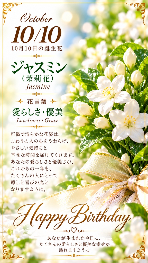 【10月10日】誕生花プレミアムギフトセット|ジャスミン(茉莉花)《愛らしさ・優美》|花と言葉を贈る特別なバースデーギフト|つながる。
