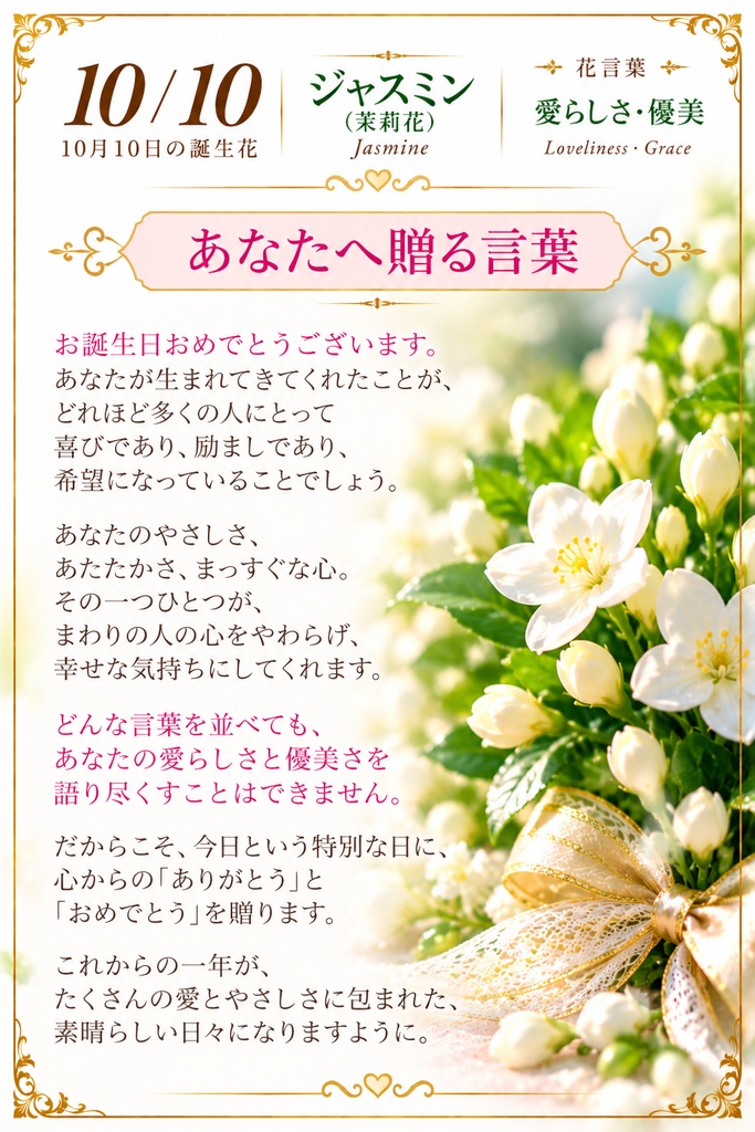【10月10日】誕生花プレミアムギフトセット|ジャスミン(茉莉花)《愛らしさ・優美》|花と言葉を贈る特別なバースデーギフト|つながる。