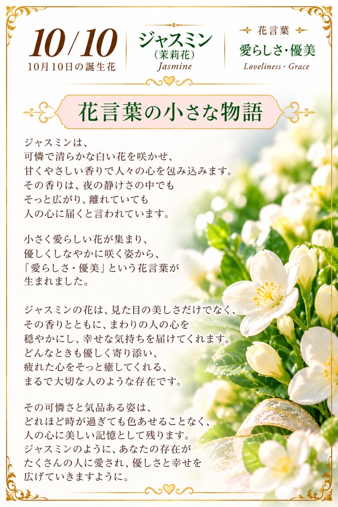 【10月10日】誕生花プレミアムギフトセット|ジャスミン(茉莉花)《愛らしさ・優美》|花と言葉を贈る特別なバースデーギフト|つながる。