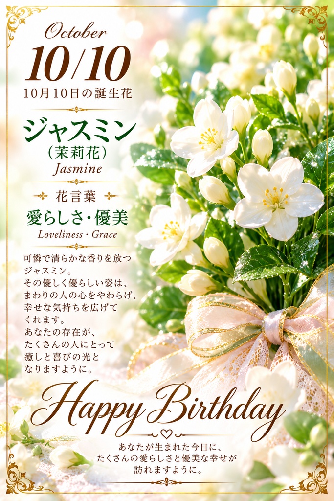 【10月10日】誕生花プレミアムギフトセット｜ジャスミン（茉莉花）《愛らしさ・優美》｜花と言葉を贈る特別なバースデーギフト｜つながる。