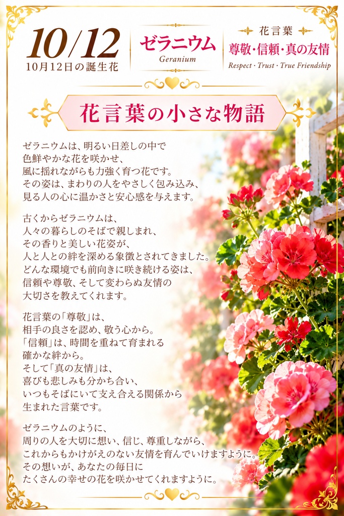 【10月12日】誕生花プレミアムギフトセット|ゼラニウム《尊敬・信頼・真の友情》|花と言葉を贈る特別なバースデーギフト|つながる。