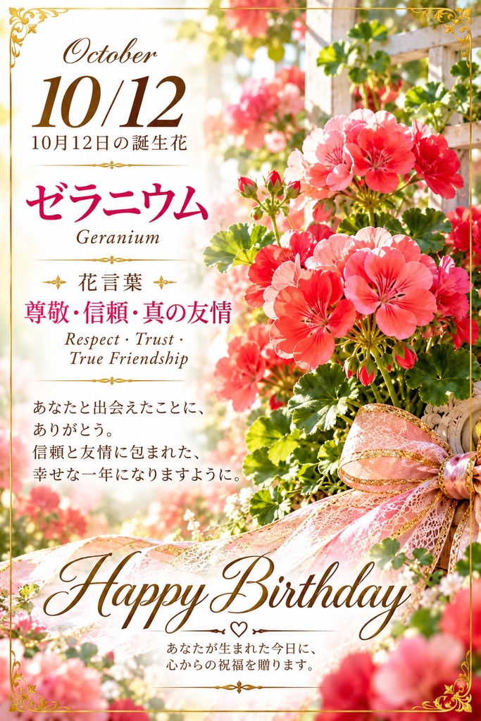 【10月12日】誕生花プレミアムギフトセット｜ゼラニウム《尊敬・信頼・真の友情》｜花と言葉を贈る特別なバースデーギフト｜つながる。