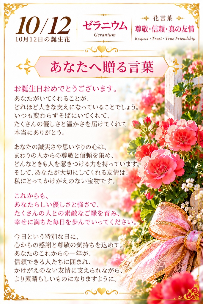 【10月12日】誕生花プレミアムギフトセット|ゼラニウム《尊敬・信頼・真の友情》|花と言葉を贈る特別なバースデーギフト|つながる。