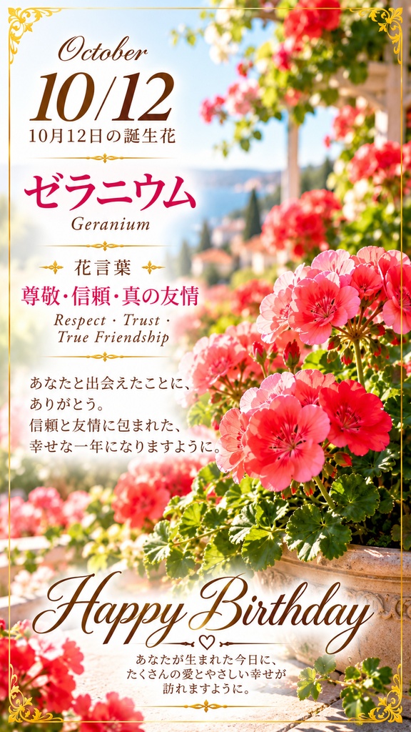 【10月12日】誕生花プレミアムギフトセット|ゼラニウム《尊敬・信頼・真の友情》|花と言葉を贈る特別なバースデーギフト|つながる。
